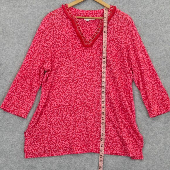 Chico’s Size 3 XL Reef Pink Red Linen Beaded Embellished Split Neck Tunic Top - Picture 13 of 14